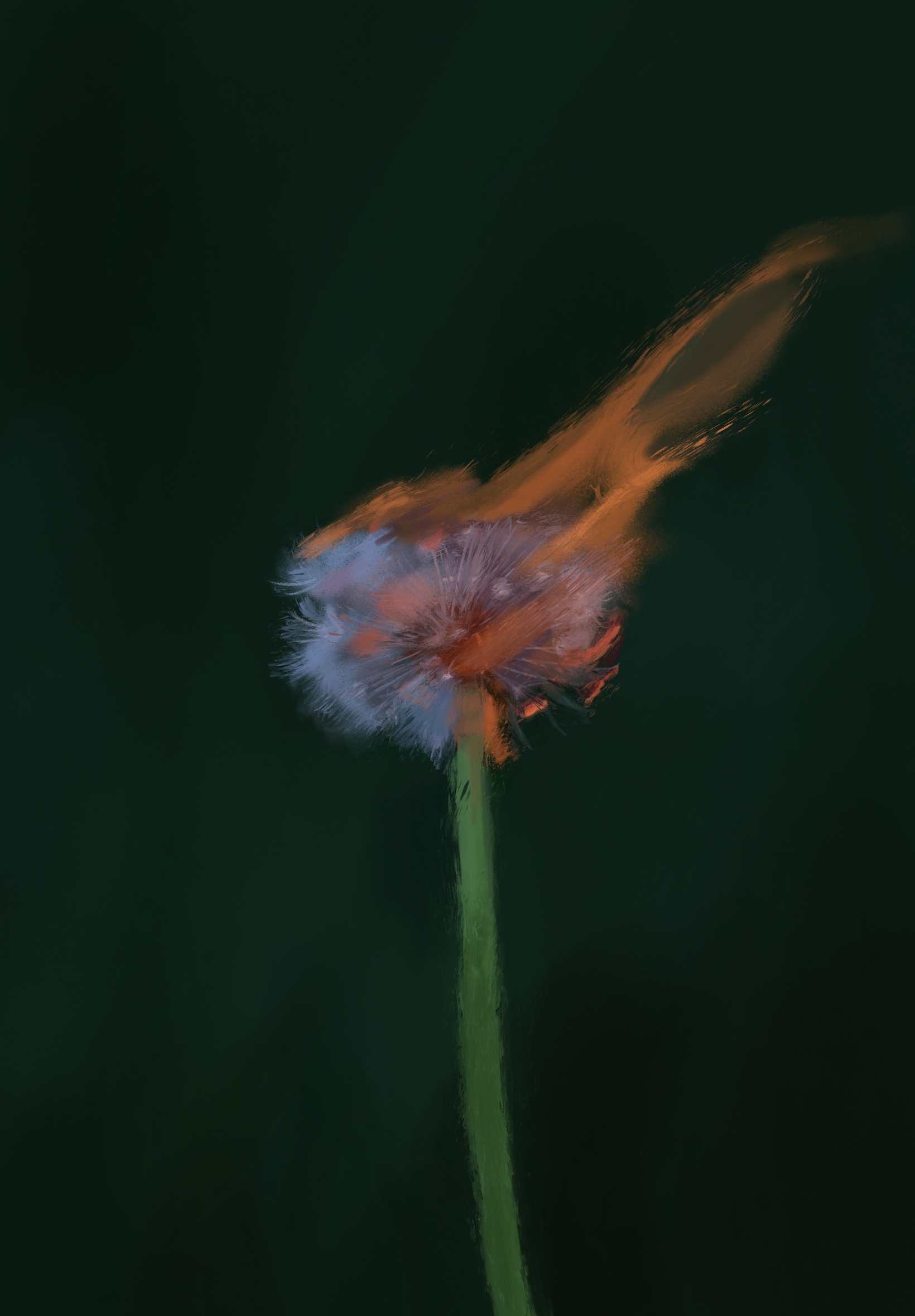 Dark painting of a dandelion with orange motion.