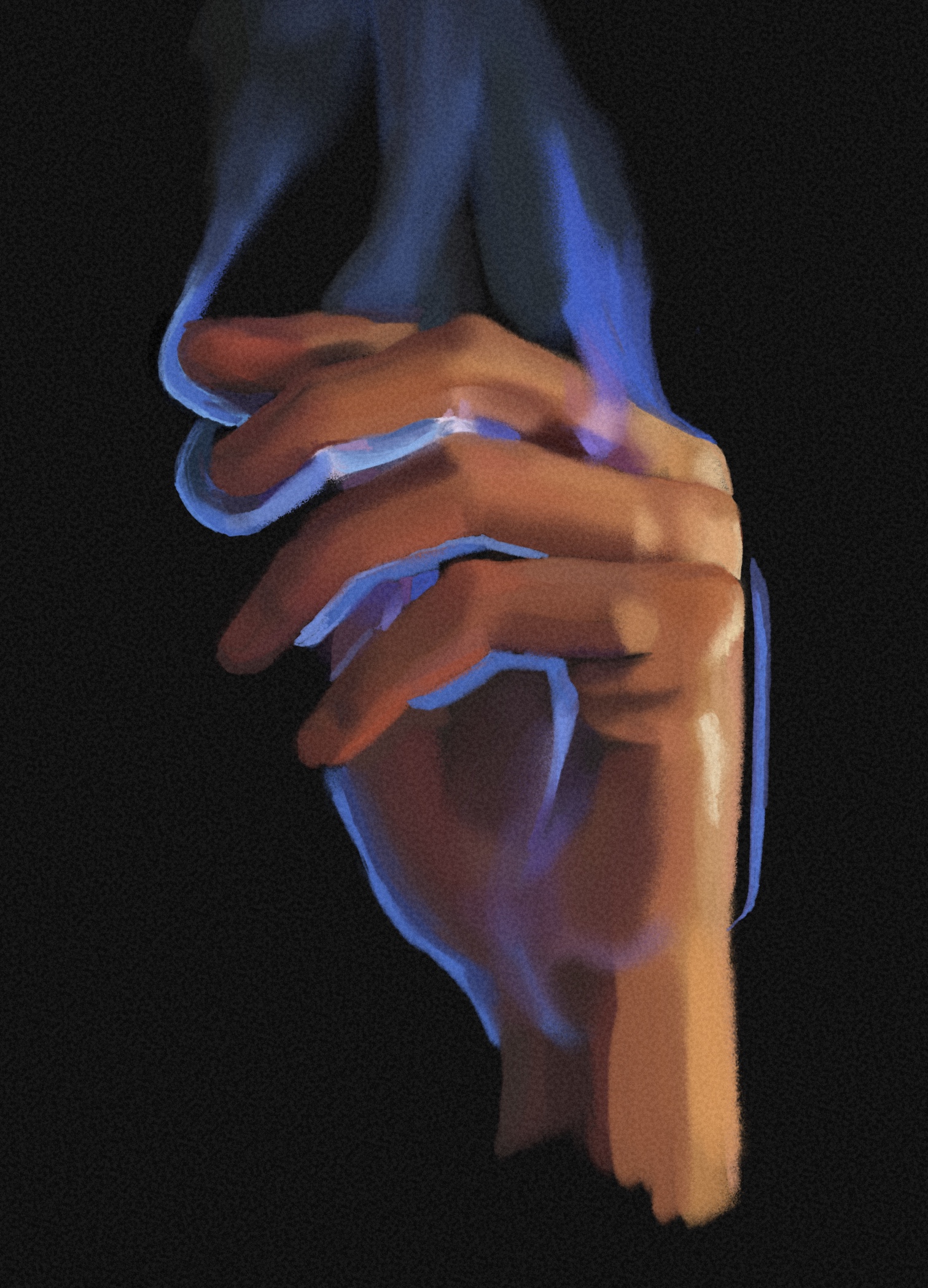 Painted hand with orange and blue lighting against black.