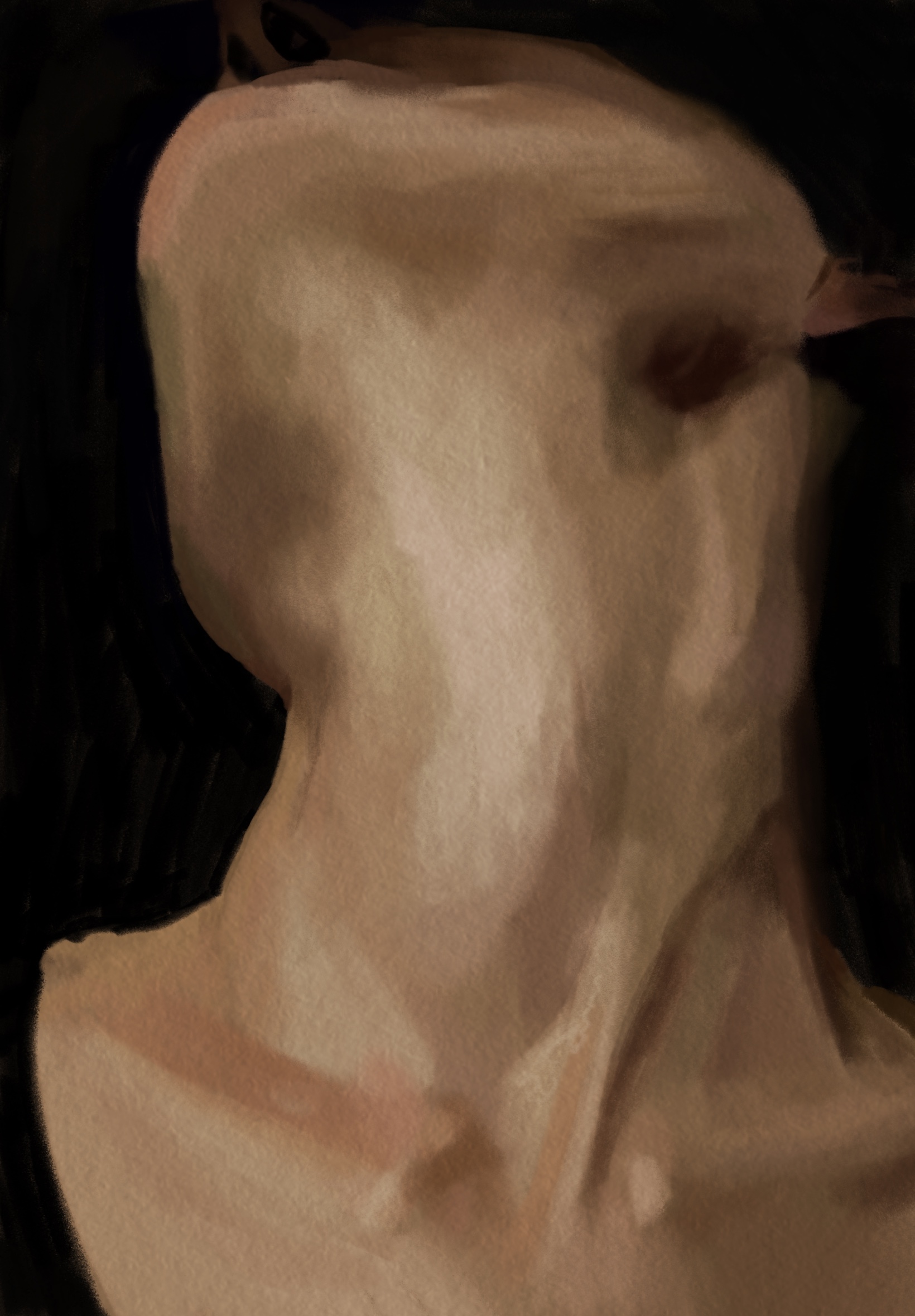 Close cropped neck study painted against black.