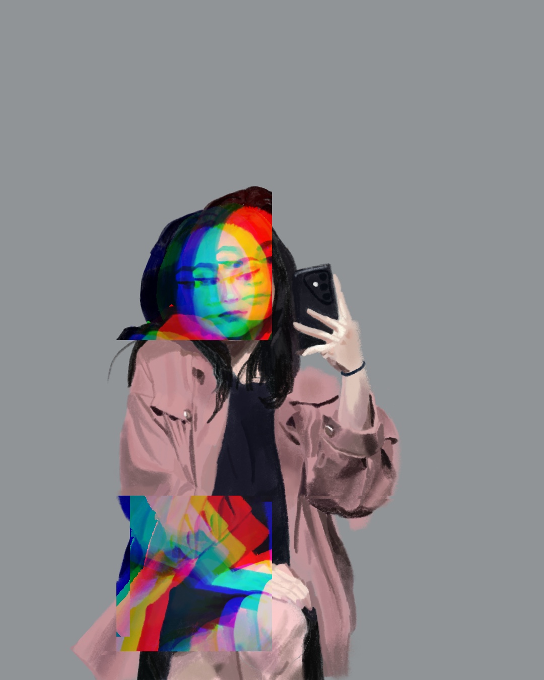 Self portrait with colorful glitch-like overlays.