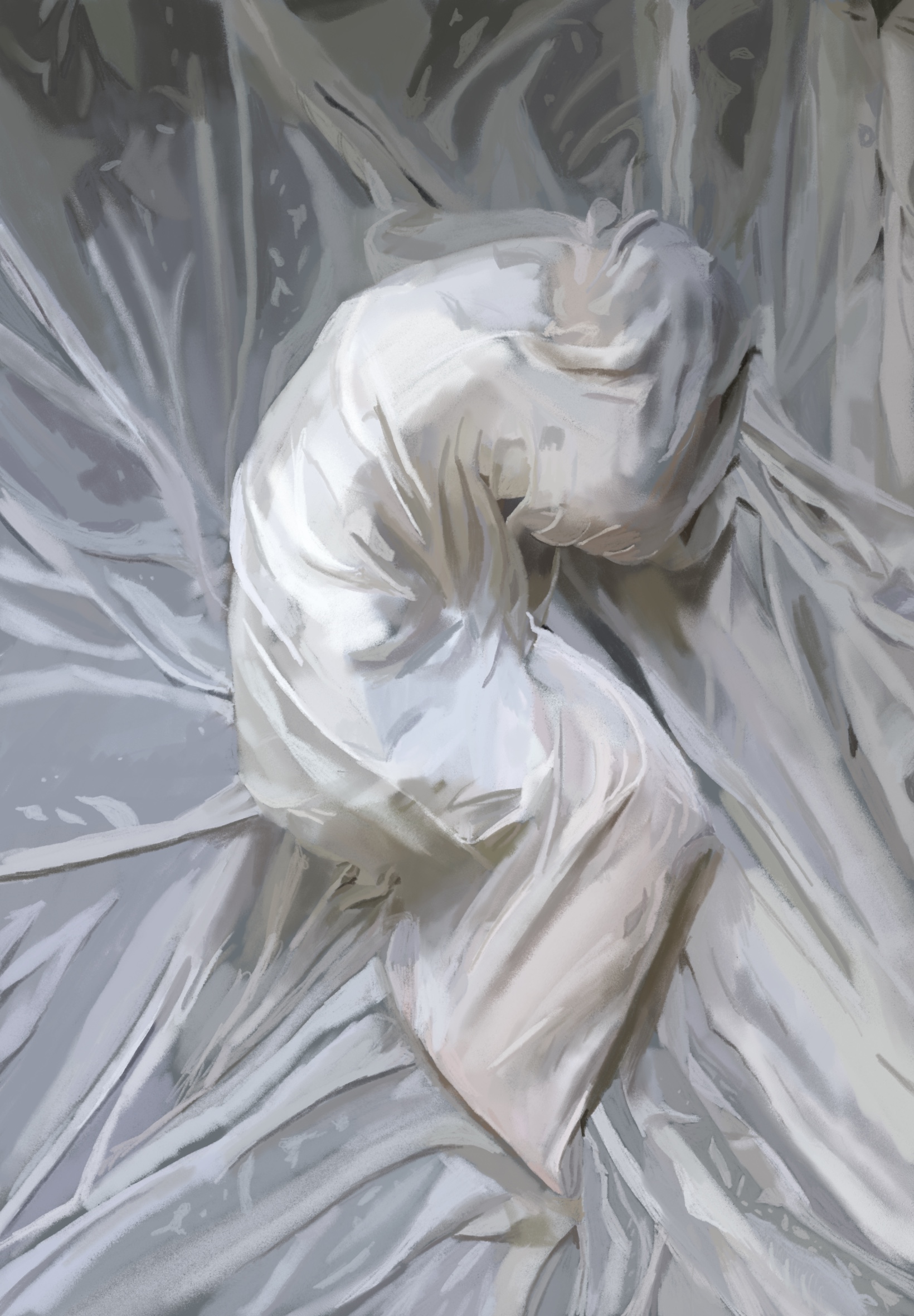 Pale intertwined figures painted among folds of fabric.
