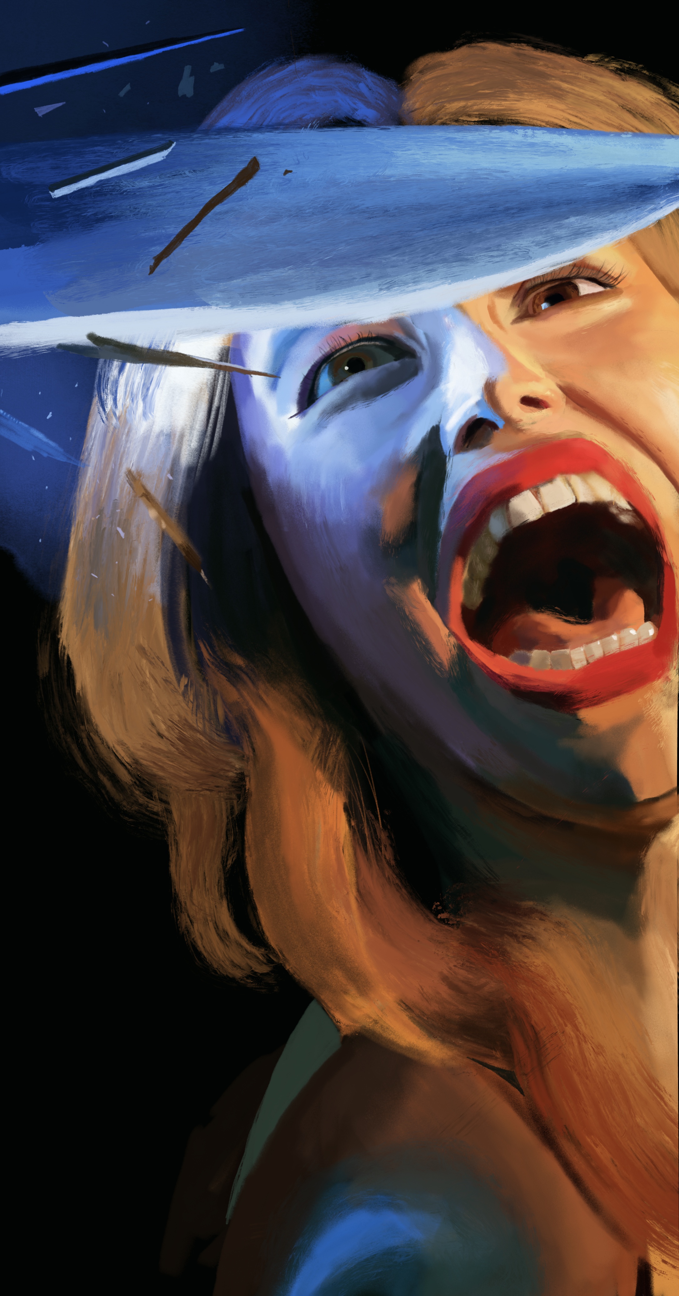 Screaming portrait with strong blue and orange lighting.