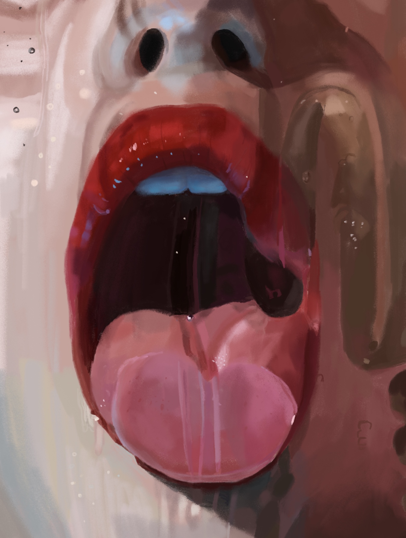 Close cropped painting of an open mouth in red and pink.